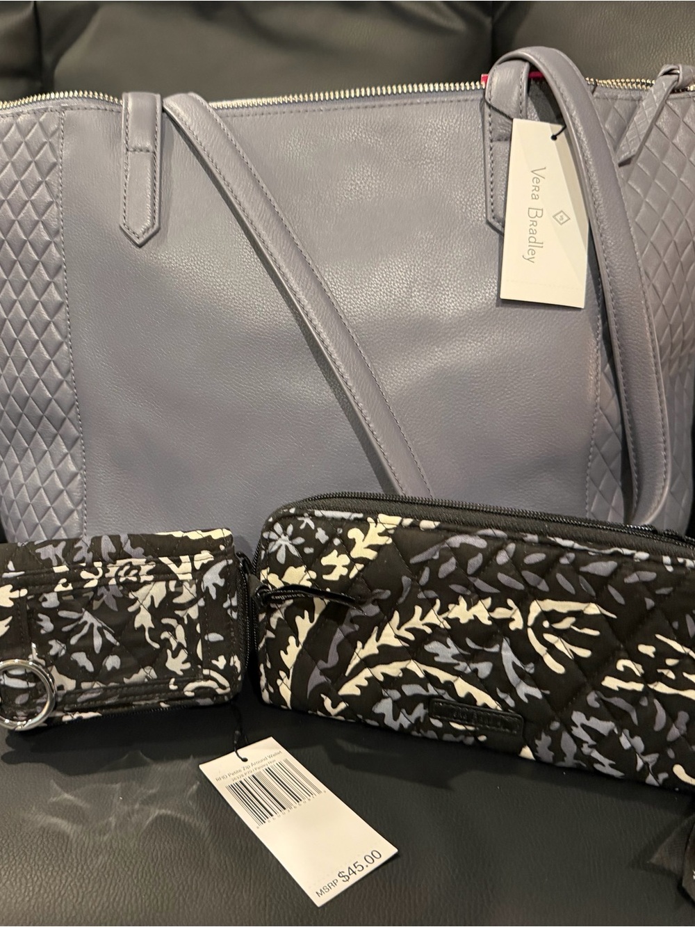 Vera Bradley Gray Quilted Leather Tote with Floral Wristlet Set